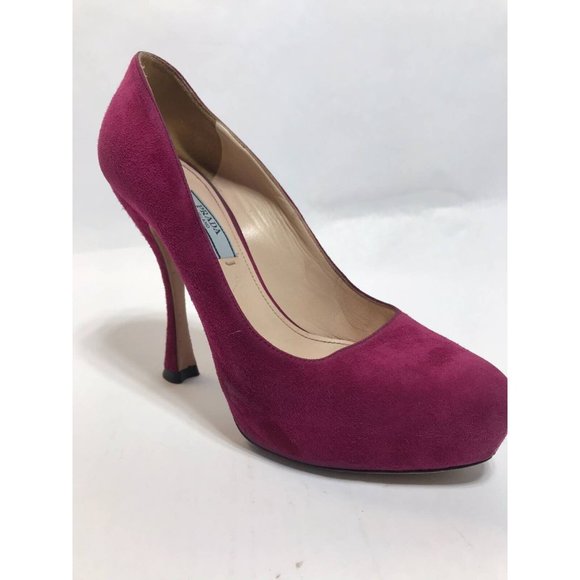 Prada Pump 6.5 Pink High Heel Slip On Suede Ultra High Heel Round Toe - Picture 1 of 11